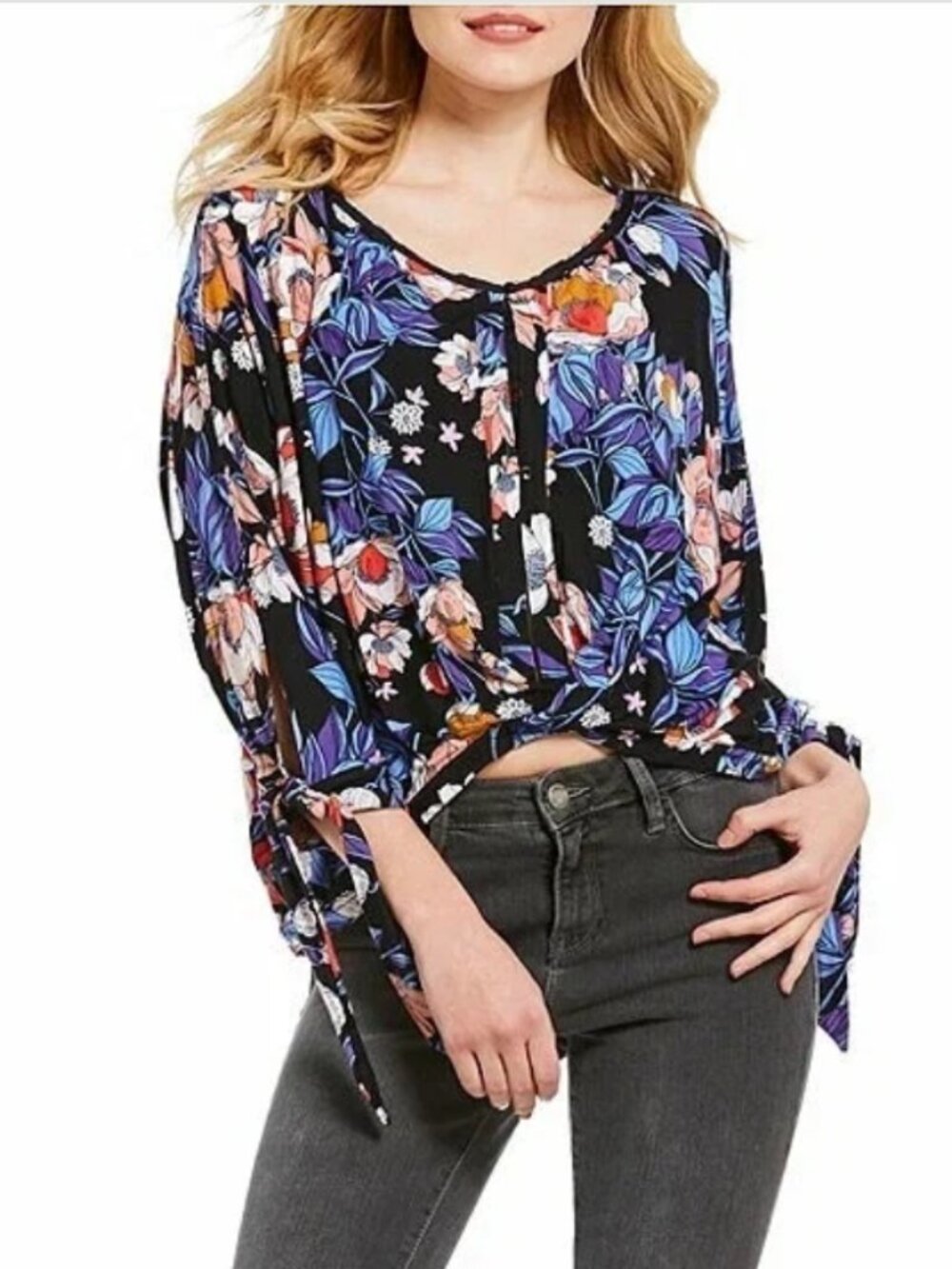 FREE PEOPLE Knit Blouse Boho Black Floral Women's Size S | NWOT